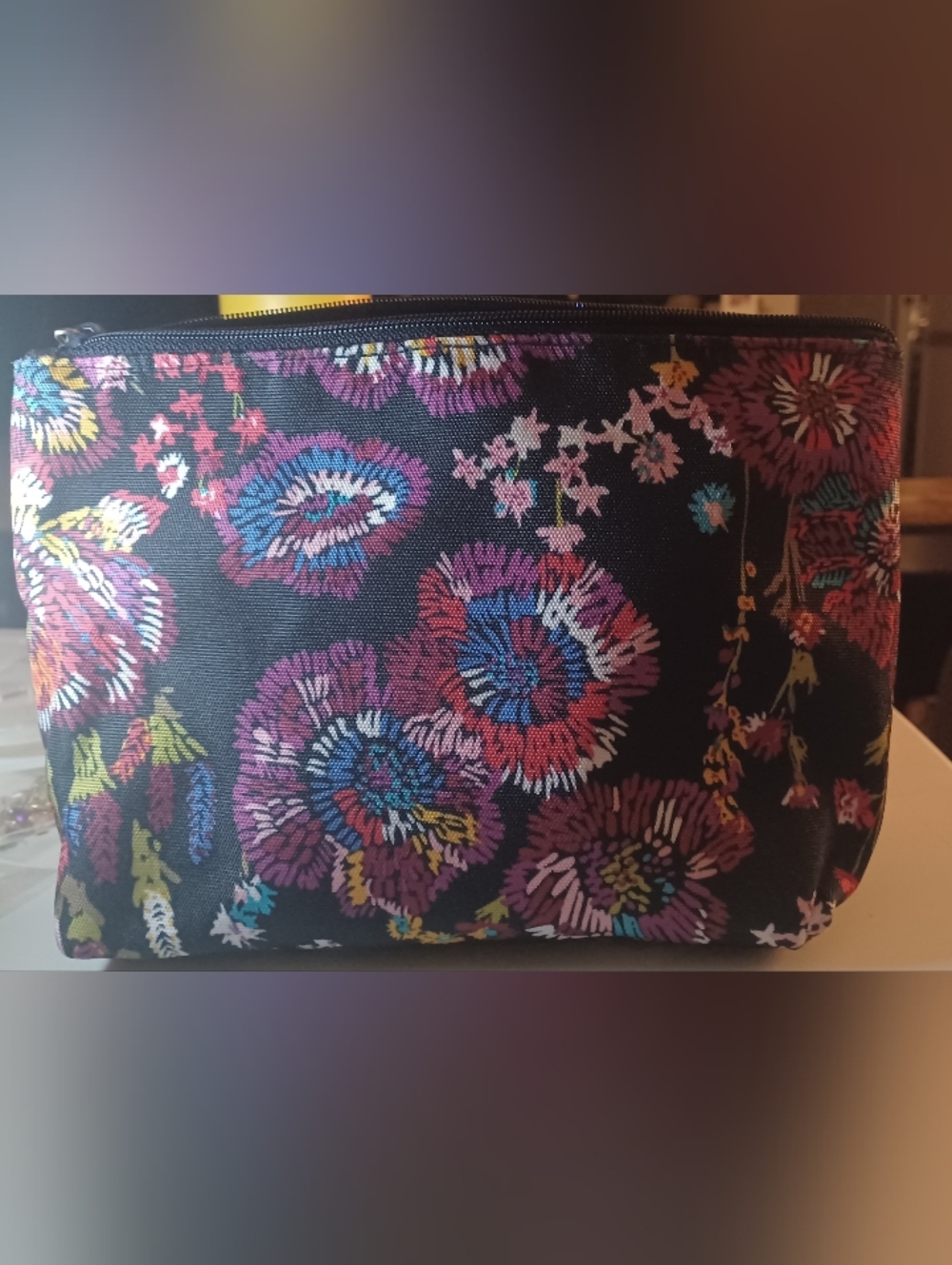 Vera Bradley Black Floral Zip Cosmetic Large Pouch with Multicolor Blooms